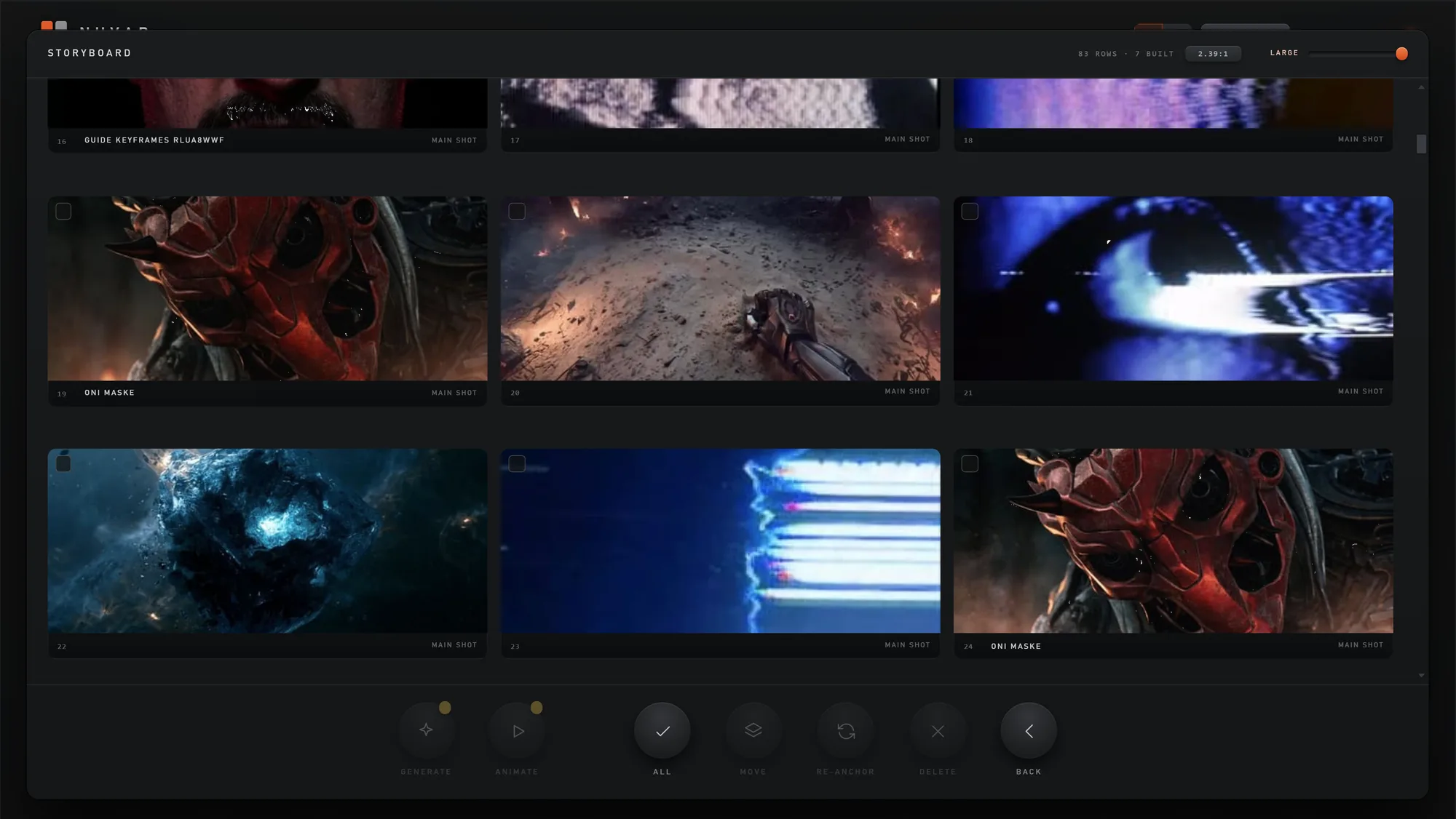 The NUVAR storyboard view in 2.39:1 — every shot as a card, with the aspect and card-size controls in the header
