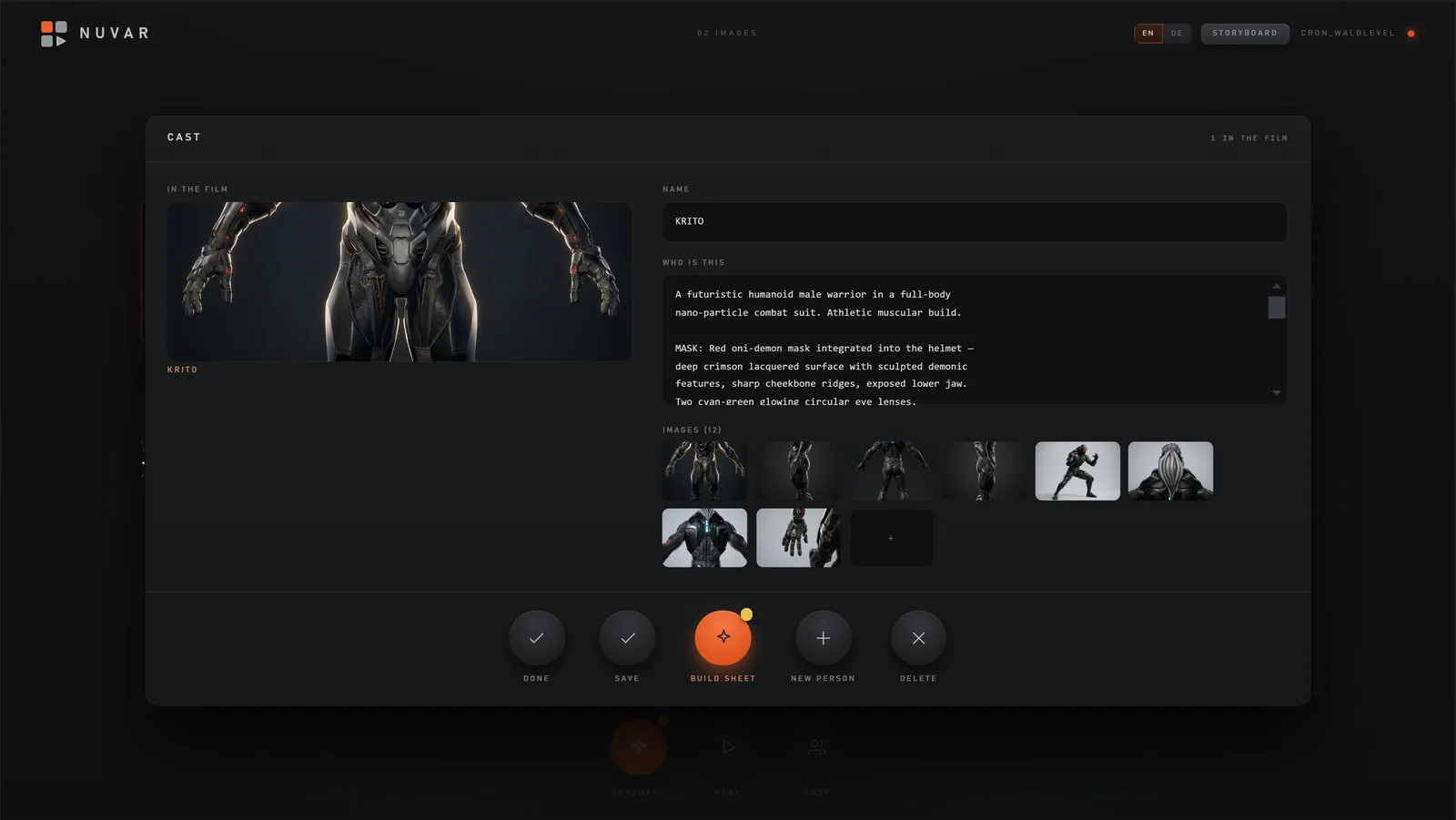 The NUVAR cast sheet: a person, their description and their reference images