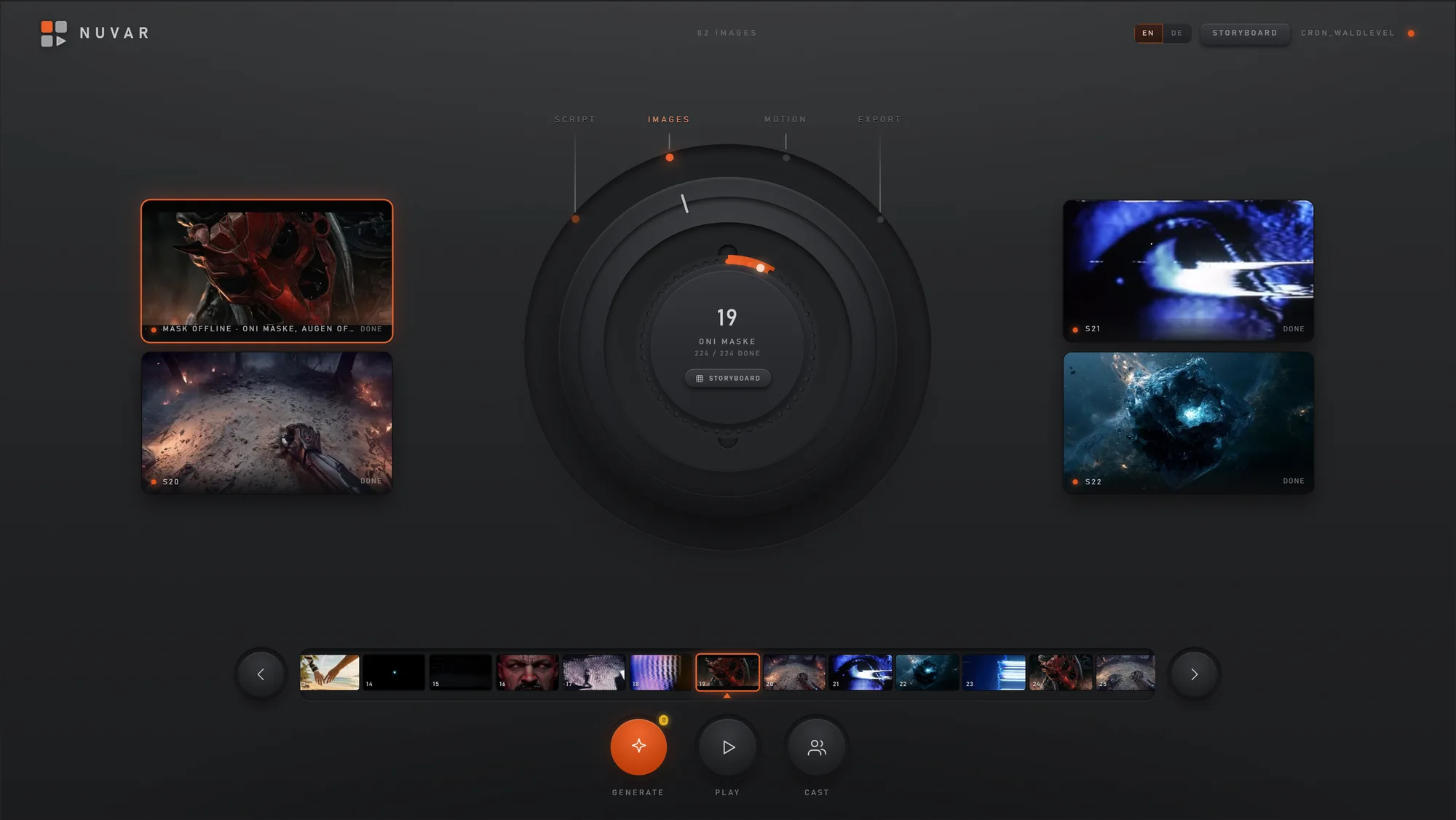 NUVAR CREATE — the console: a ring for the four steps, a jog wheel to pick the shot, four image windows and the filmstrip
