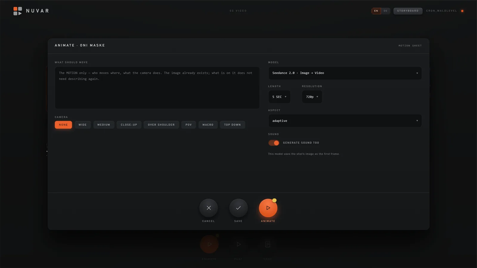 The NUVAR motion sheet: what should move, camera, model, length, resolution, aspect and sound