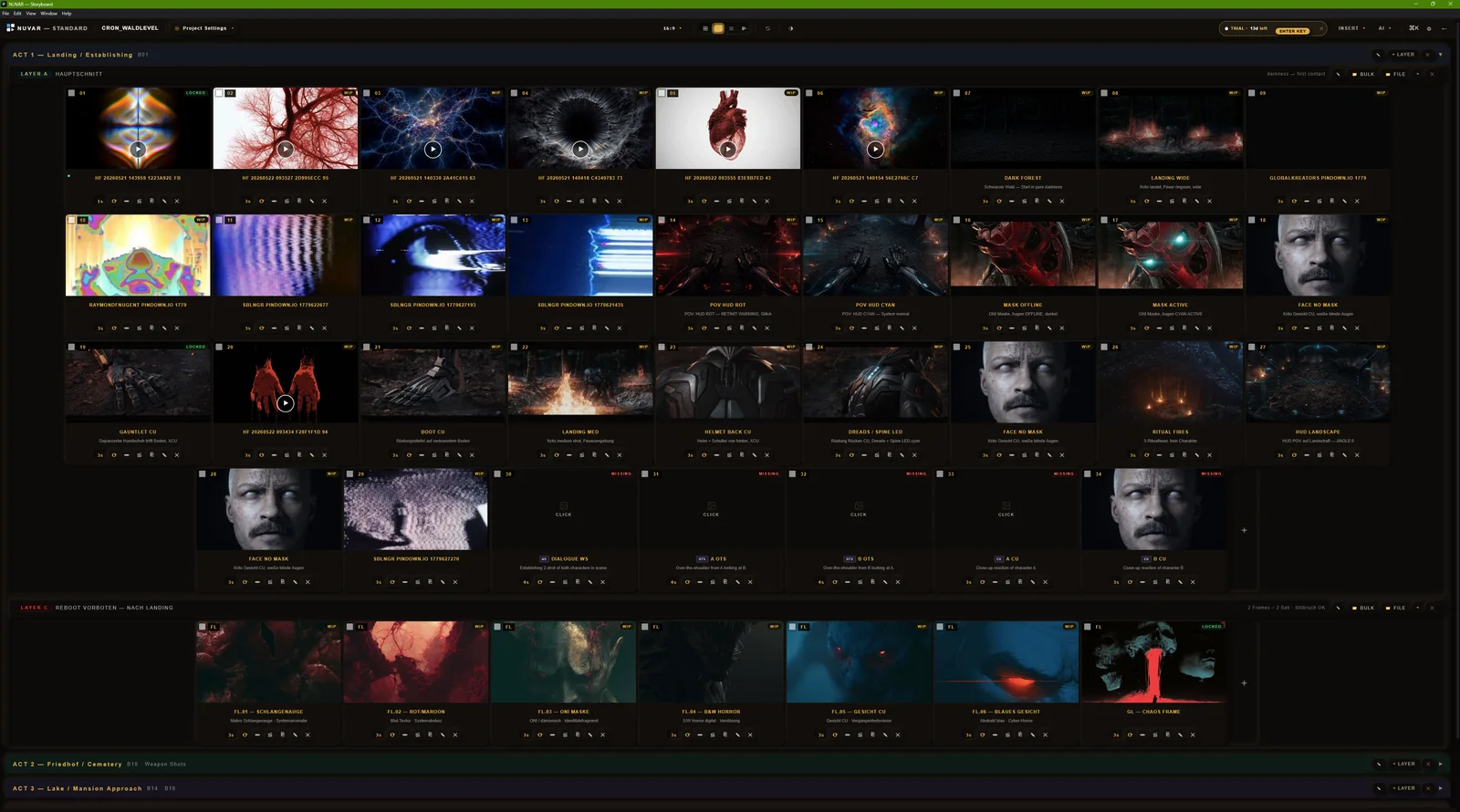 NUVAR storyboard — the full shot grid across three acts