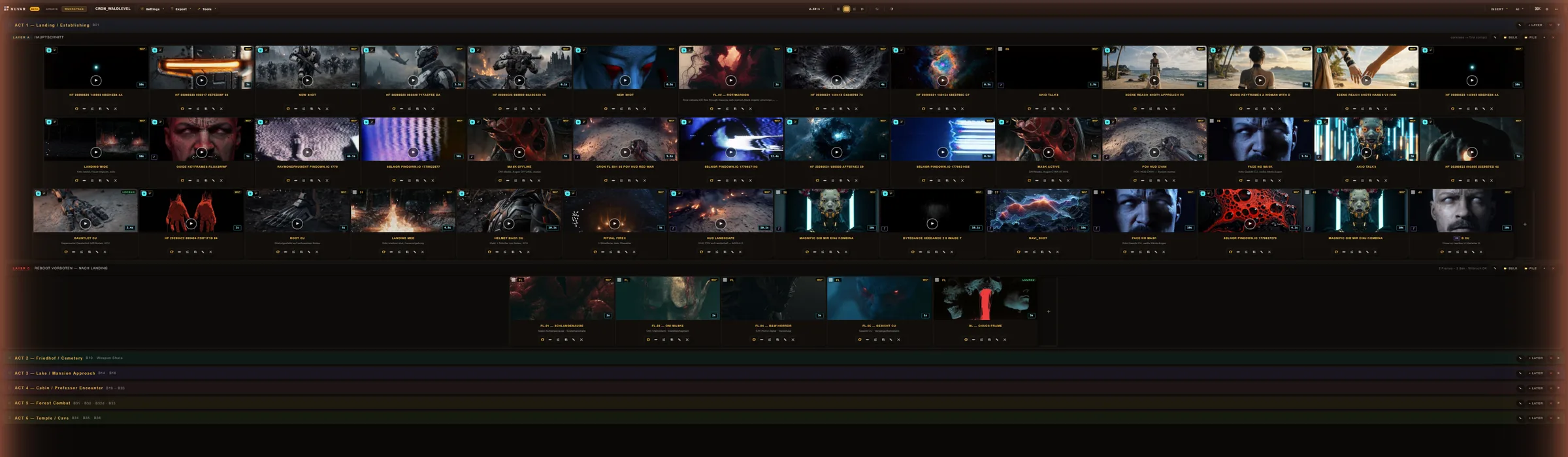 The NUVAR workspace: a film laid out as acts and layers, every shot a card with its frame, code and duration